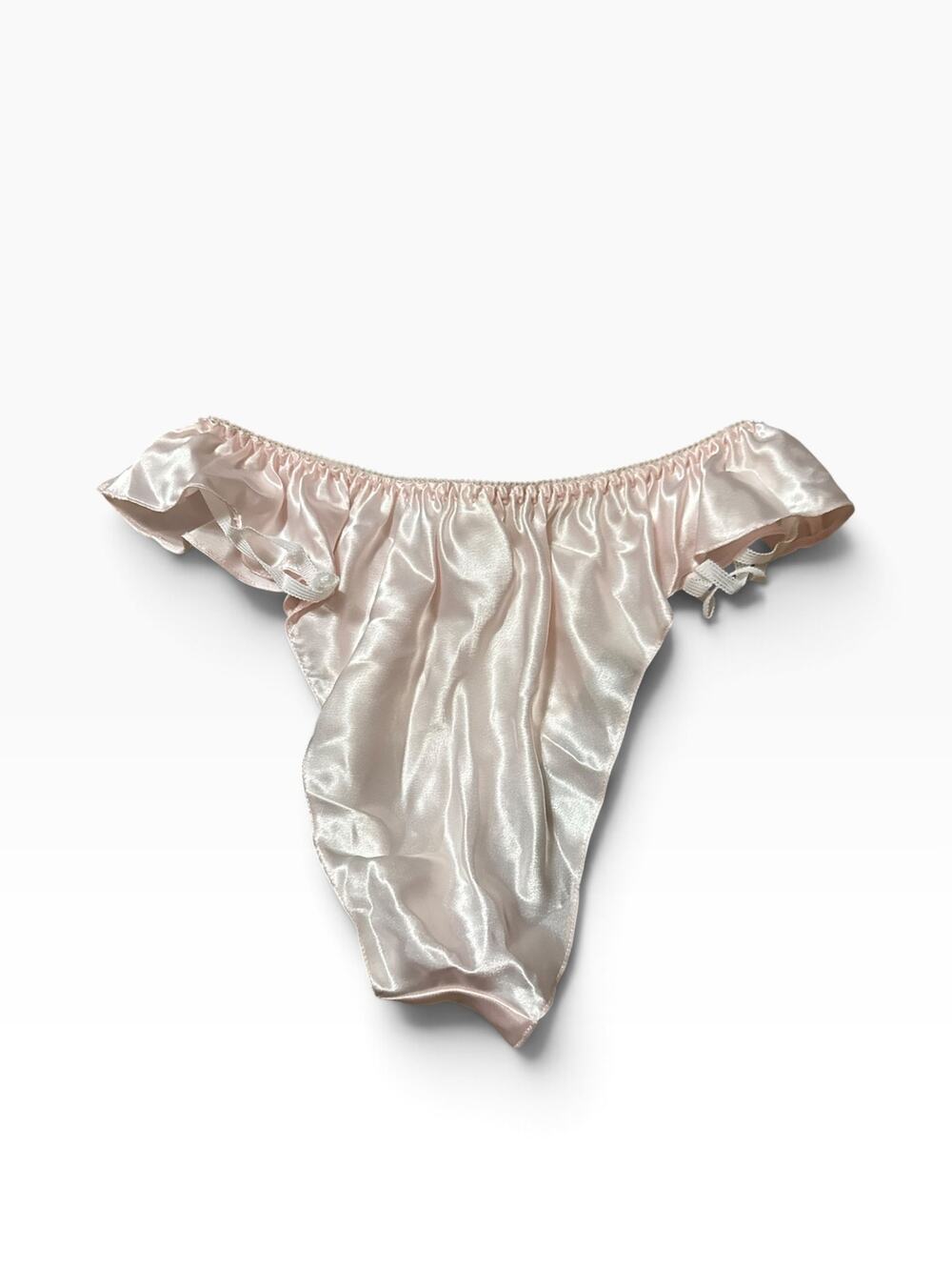 Vintage Blush Pink Satin Ruffle Garter Thong Panties Size Medium USA Made